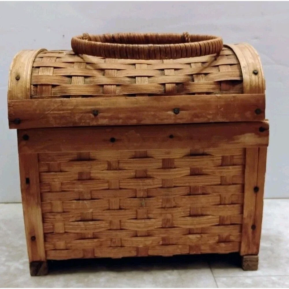 Vintage Wicker Wood Domed Treasure Chest Box Trunk Woven Handle Mid Century